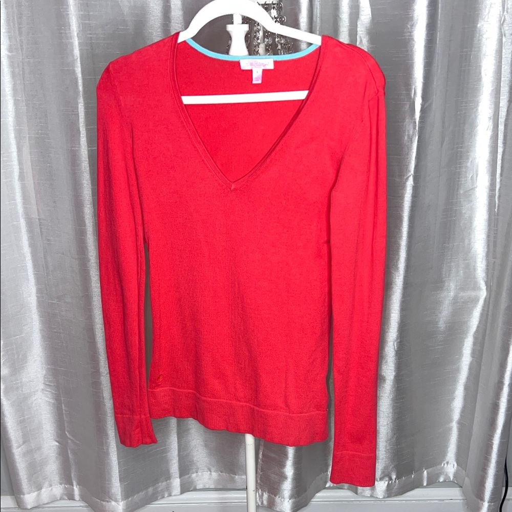 Lilly Pulitzer Adelaide V-Neck sweater in coral/pink with a light blue trim